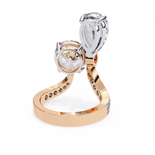 Rose Gold Pear and Round Cut Diamond Toi et Moi Ring with Pavé Band