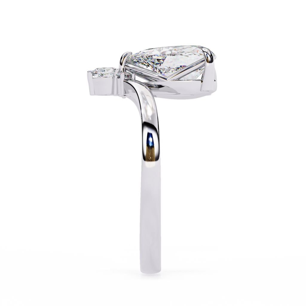White Gold Pear Cut Diamond Ring with Marquise and Round Crown Accent
