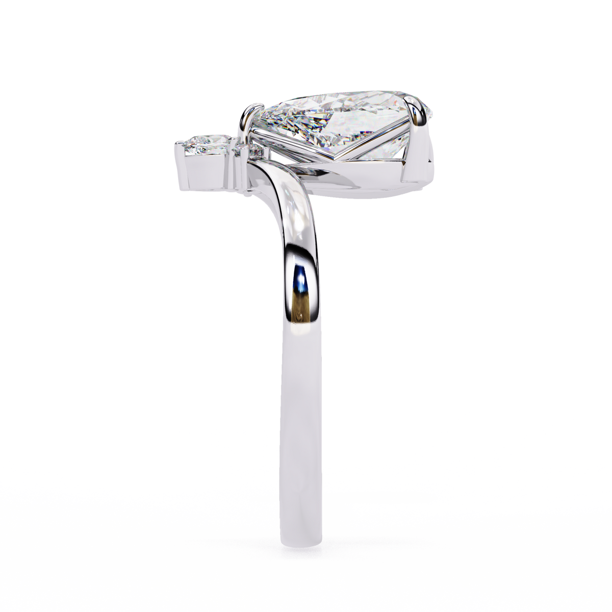 White Gold Pear Cut Diamond Ring with Marquise and Round Crown Accent