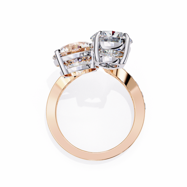 Rose Gold Pear and Round Cut Diamond Toi et Moi Ring with Pavé Band