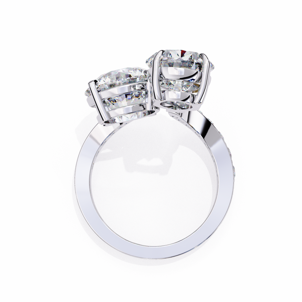 White Gold Pear and Round Cut Diamond Toi et Moi Ring with Pavé Band