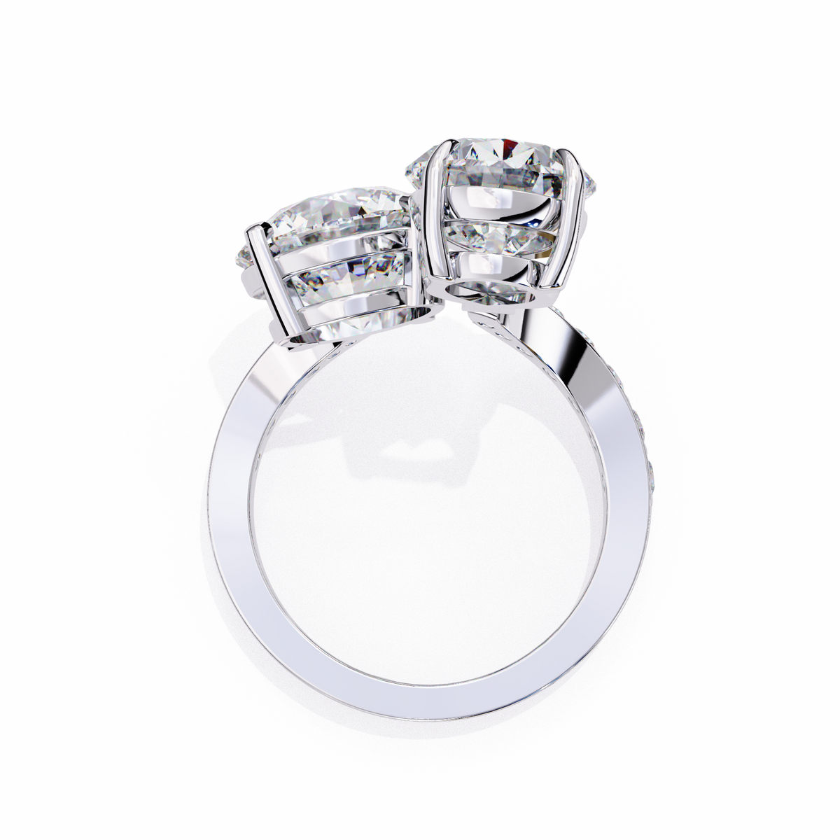 White Gold Pear and Round Cut Diamond Toi et Moi Ring with Pavé Band
