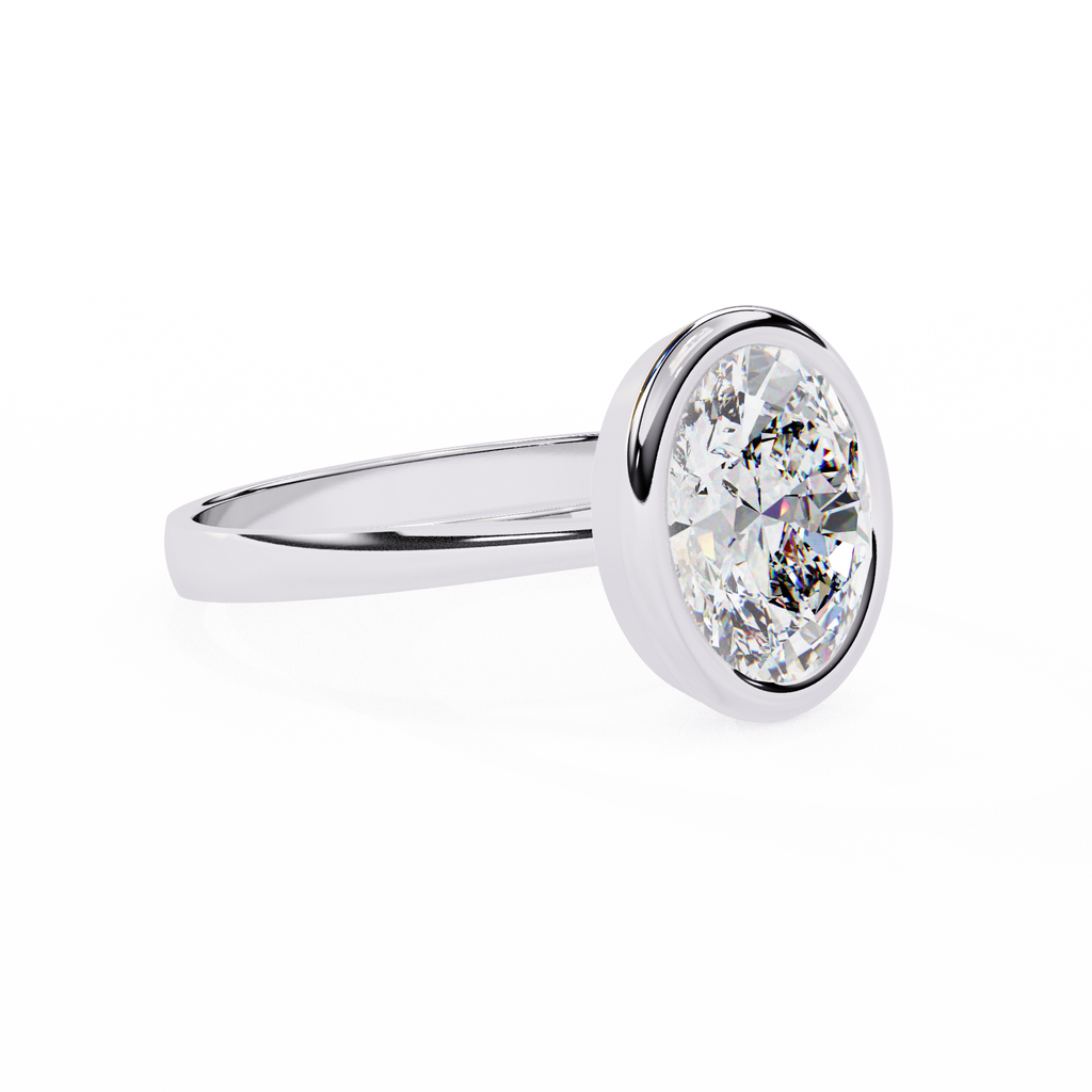 White Gold Oval Cut Diamond Solitaire Ring with Full Bezel Setting and Plain Tapered Band