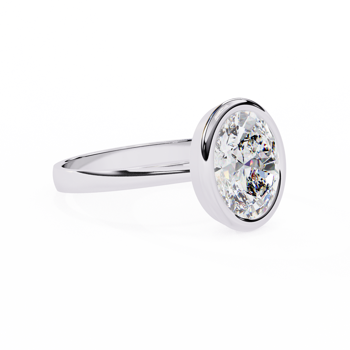 White Gold Oval Cut Diamond Solitaire Ring with Full Bezel Setting and Plain Tapered Band