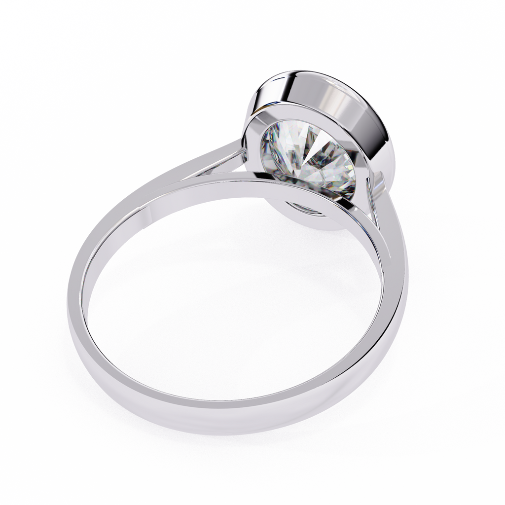 White Gold Oval Cut Diamond Solitaire Ring with Full Bezel Setting and Plain Tapered Band