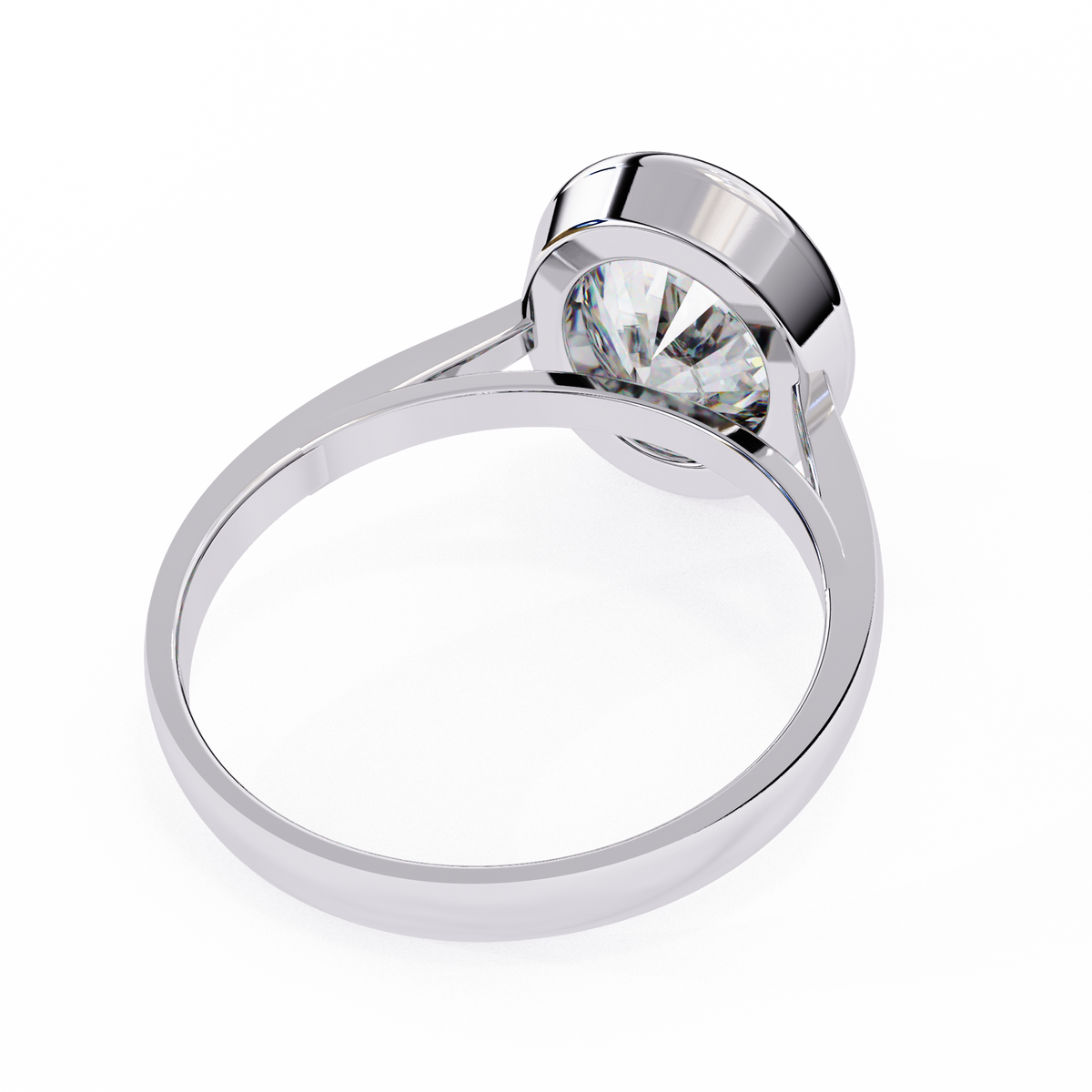 White Gold Oval Cut Diamond Solitaire Ring with Full Bezel Setting and Plain Tapered Band