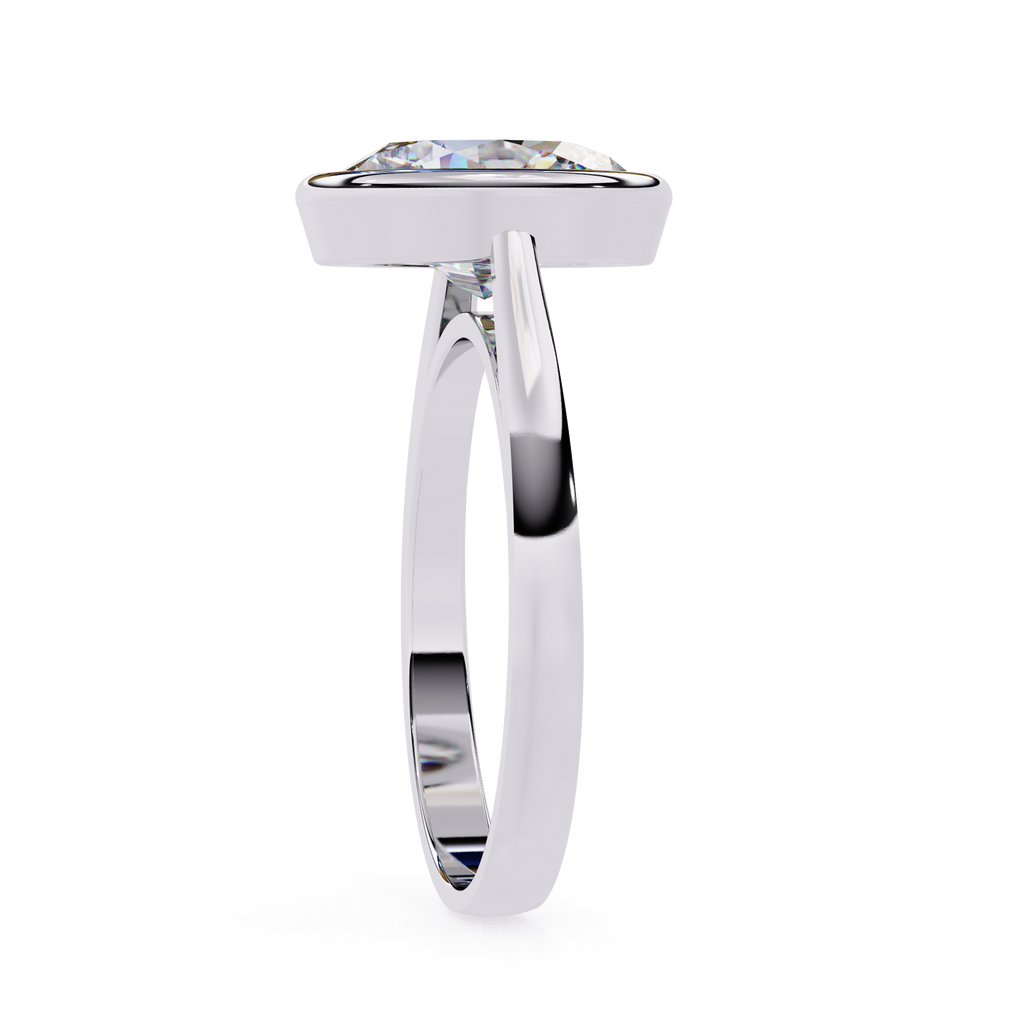 White Gold Oval Cut Diamond Solitaire Ring with Full Bezel Setting and Plain Tapered Band