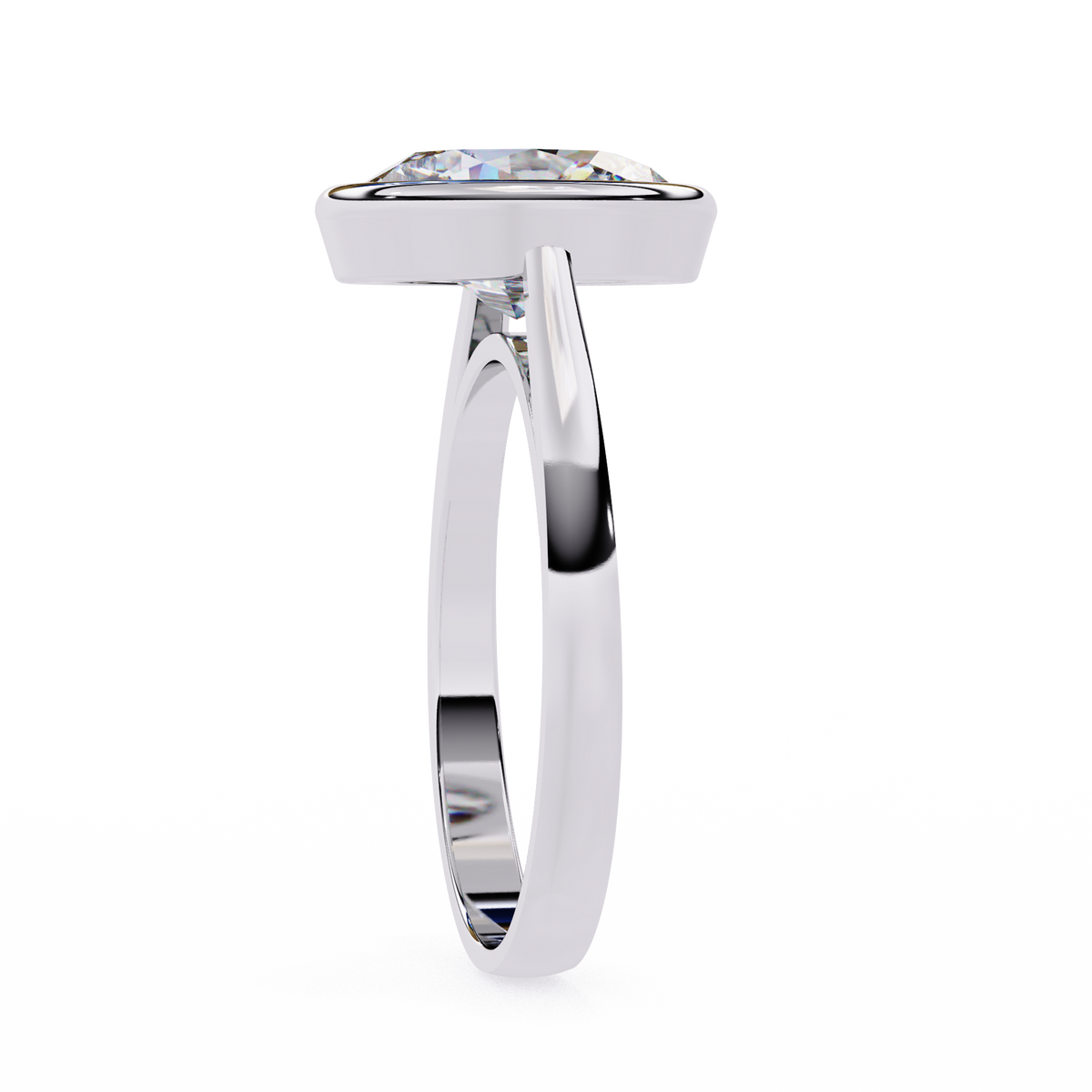 White Gold Oval Cut Diamond Solitaire Ring with Full Bezel Setting and Plain Tapered Band