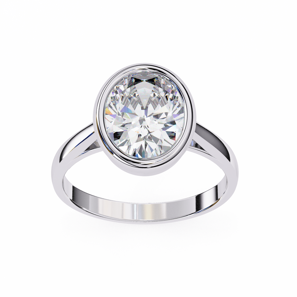 White Gold Oval Cut Diamond Solitaire Ring with Full Bezel Setting and Plain Tapered Band