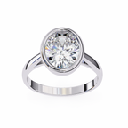White Gold Oval Cut Diamond Solitaire Ring with Full Bezel Setting and Plain Tapered Band