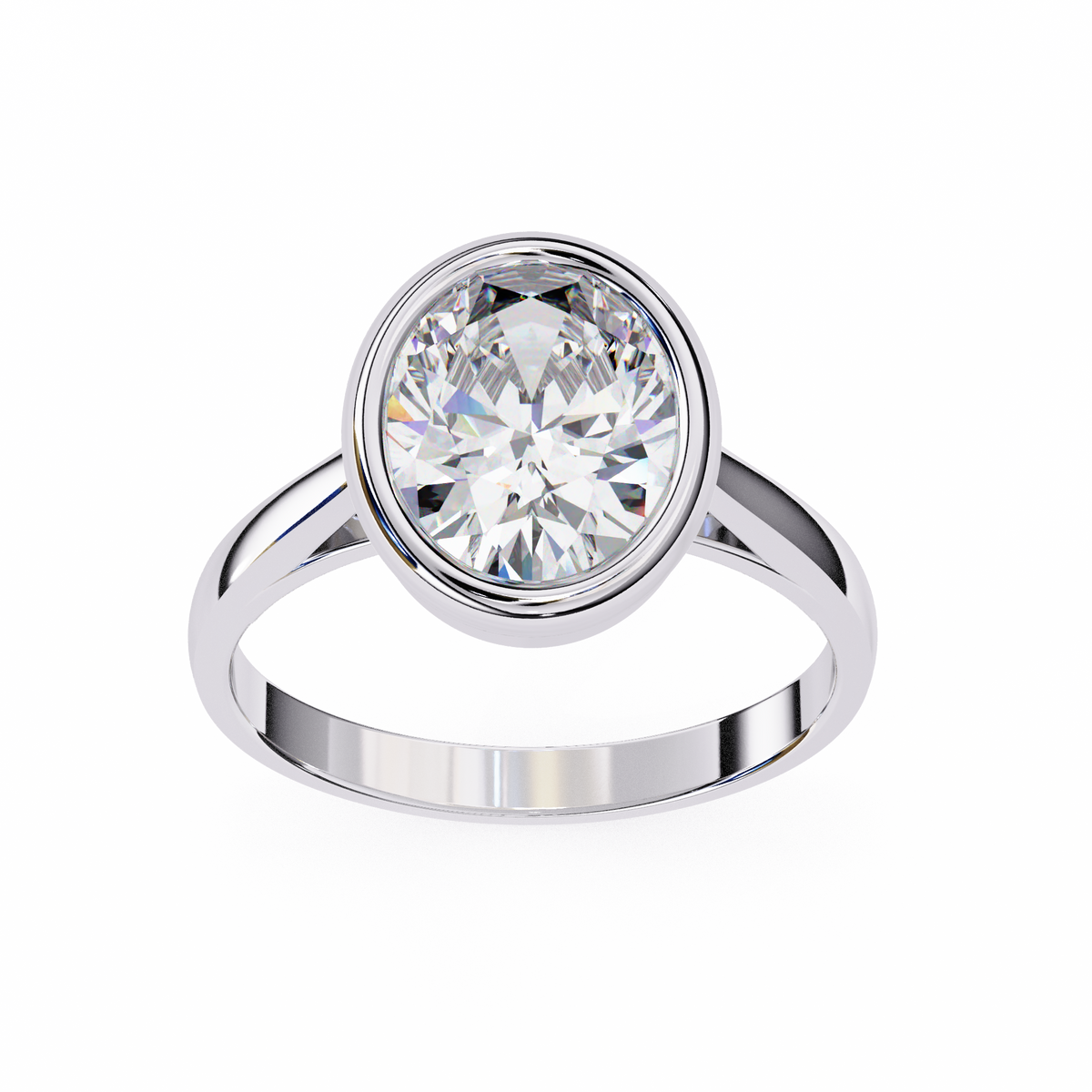 White Gold Oval Cut Diamond Solitaire Ring with Full Bezel Setting and Plain Tapered Band