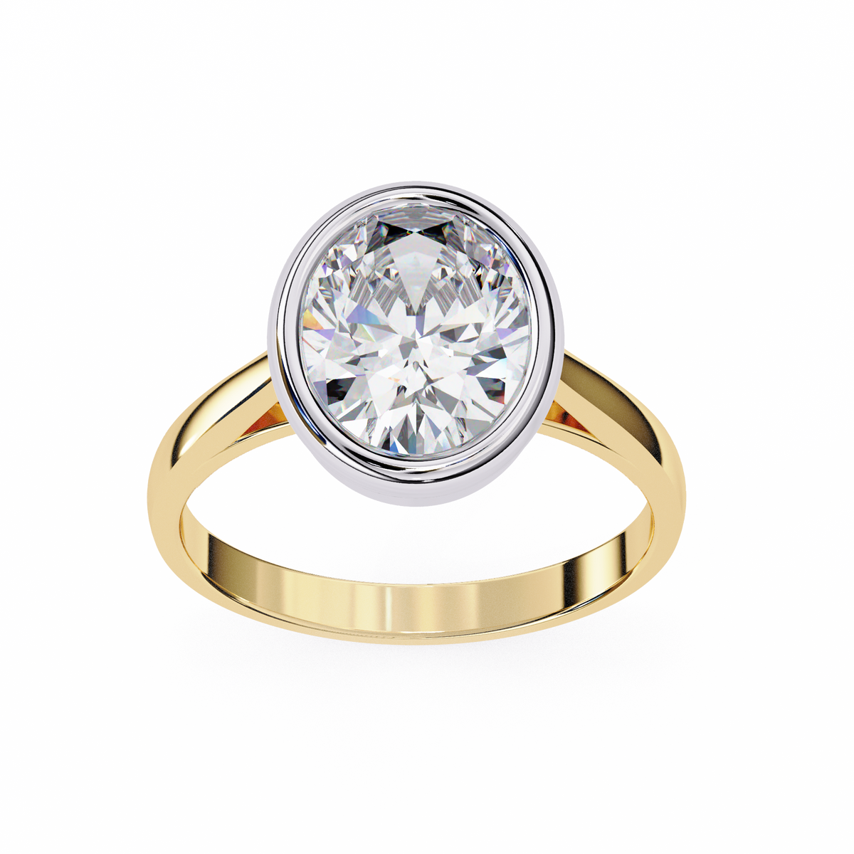 Yellow Gold Oval Cut Diamond Solitaire Ring with Two-Tone Bezel Setting