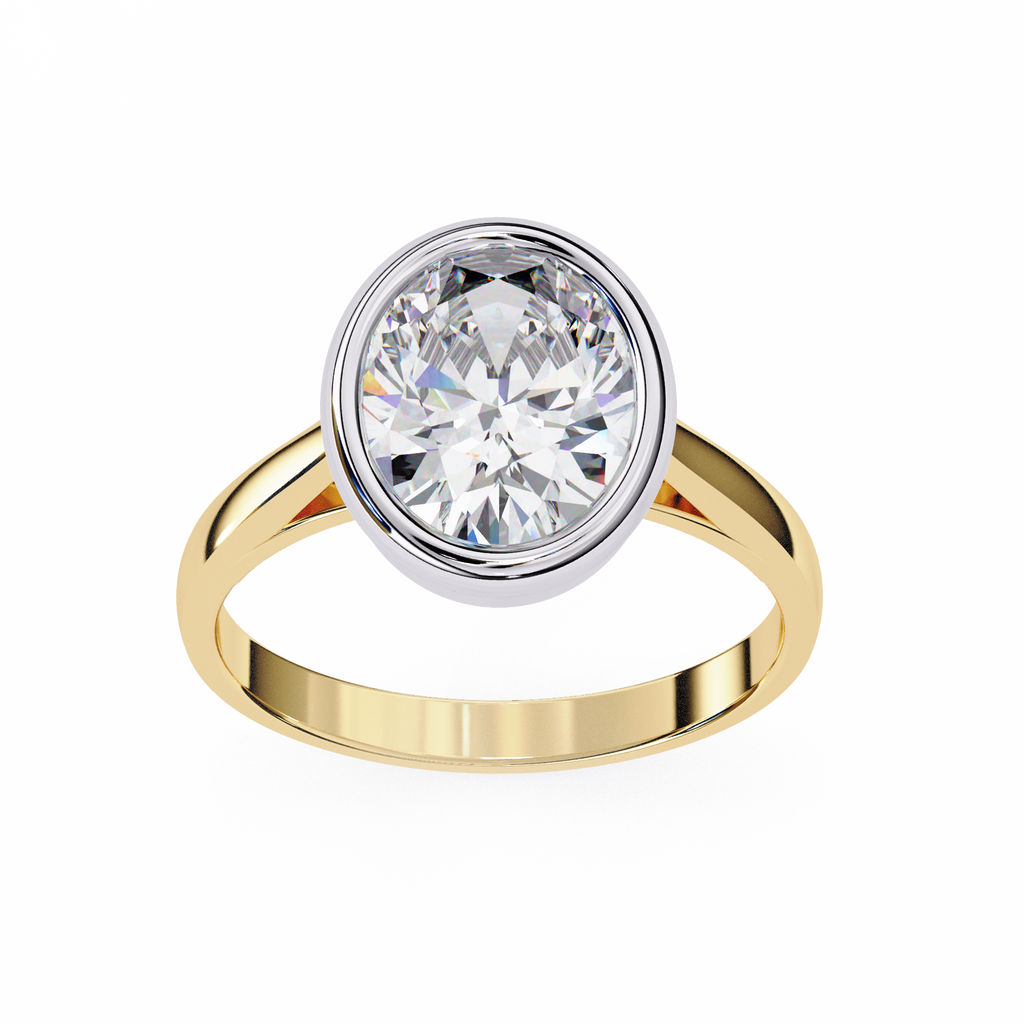 Yellow Gold Oval Cut Diamond Solitaire Ring with Two-Tone Bezel Setting