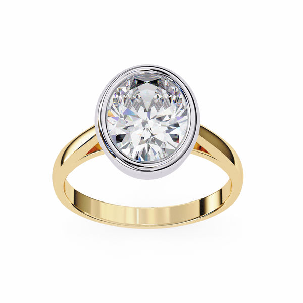 Yellow Gold Oval Cut Diamond Solitaire Ring with Two-Tone Bezel Setting