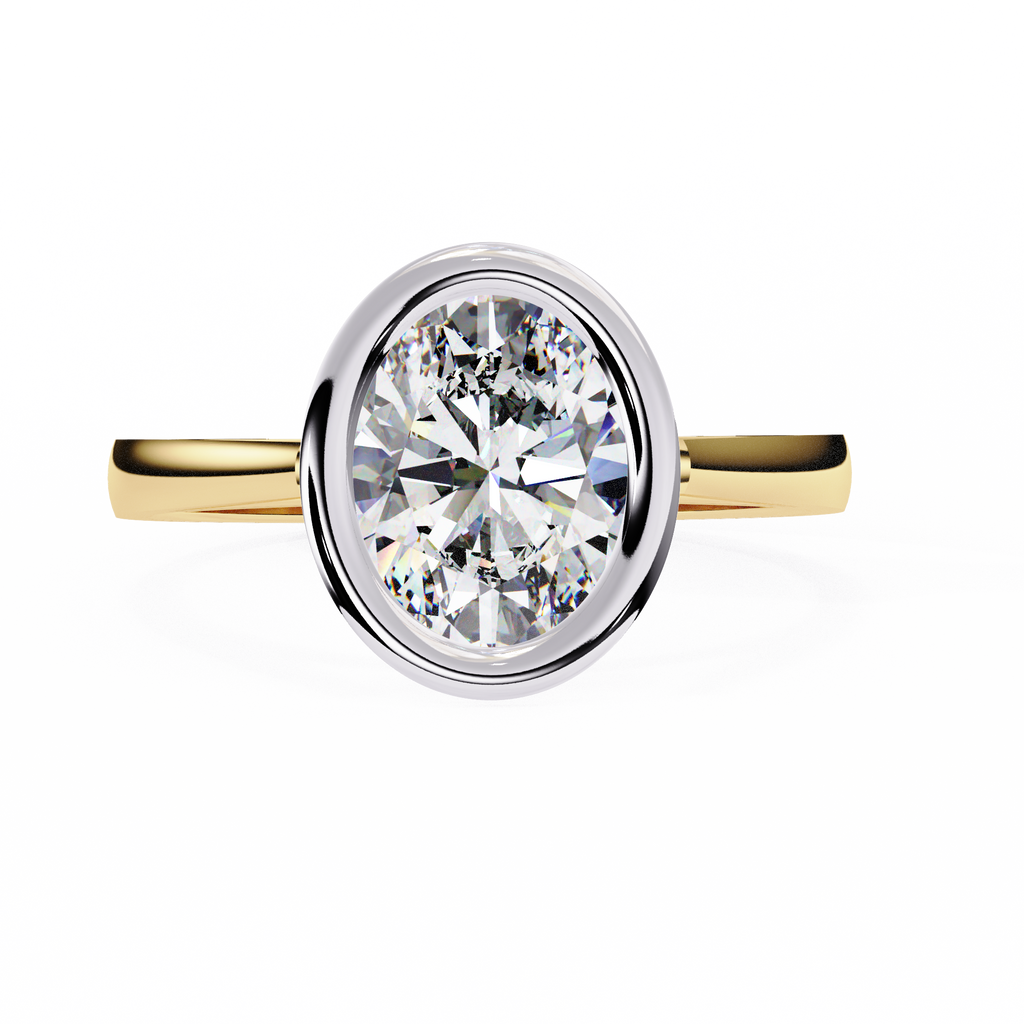 Yellow Gold Oval Cut Diamond Solitaire Ring with Two-Tone Bezel Setting