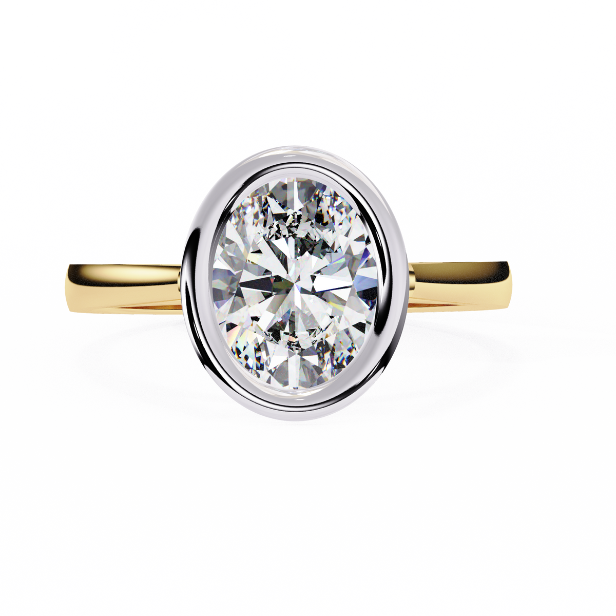 Yellow Gold Oval Cut Diamond Solitaire Ring with Two-Tone Bezel Setting