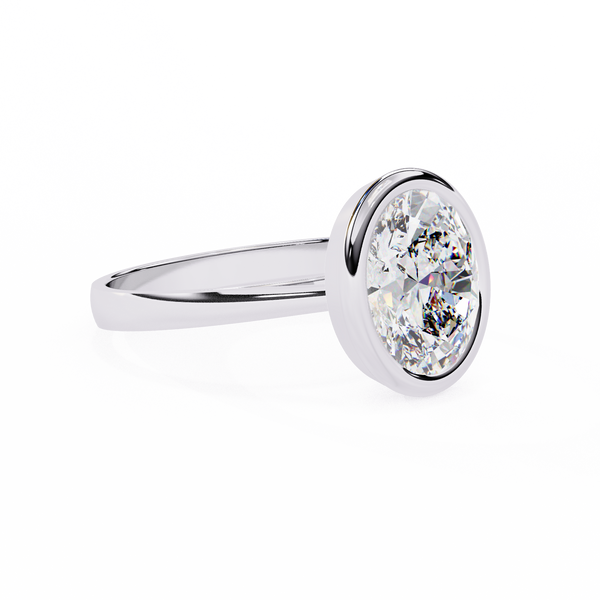 White Gold Oval Cut Diamond Solitaire Ring with Full Bezel Setting and Plain Tapered Band