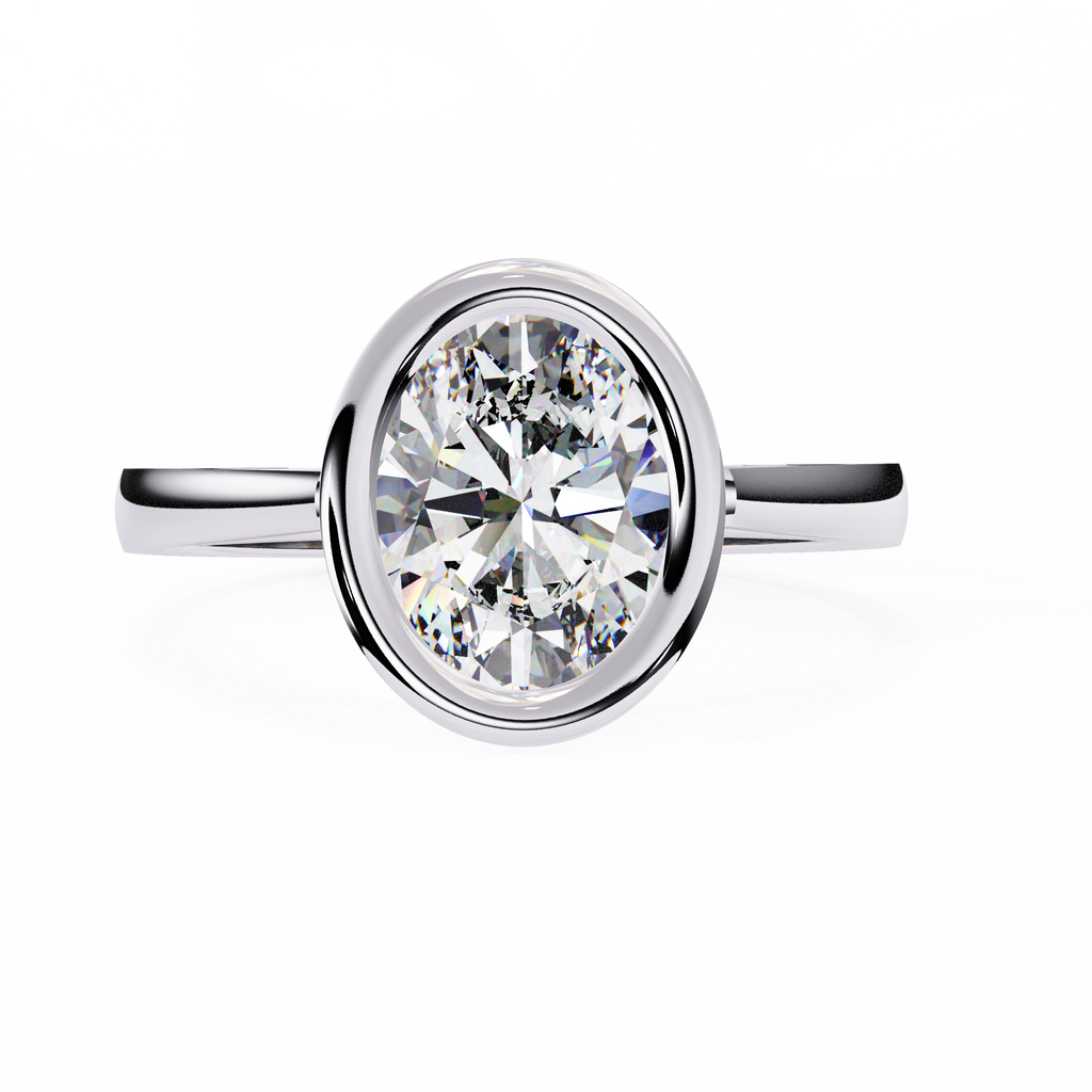 White Gold Oval Cut Diamond Solitaire Ring with Full Bezel Setting and Plain Tapered Band