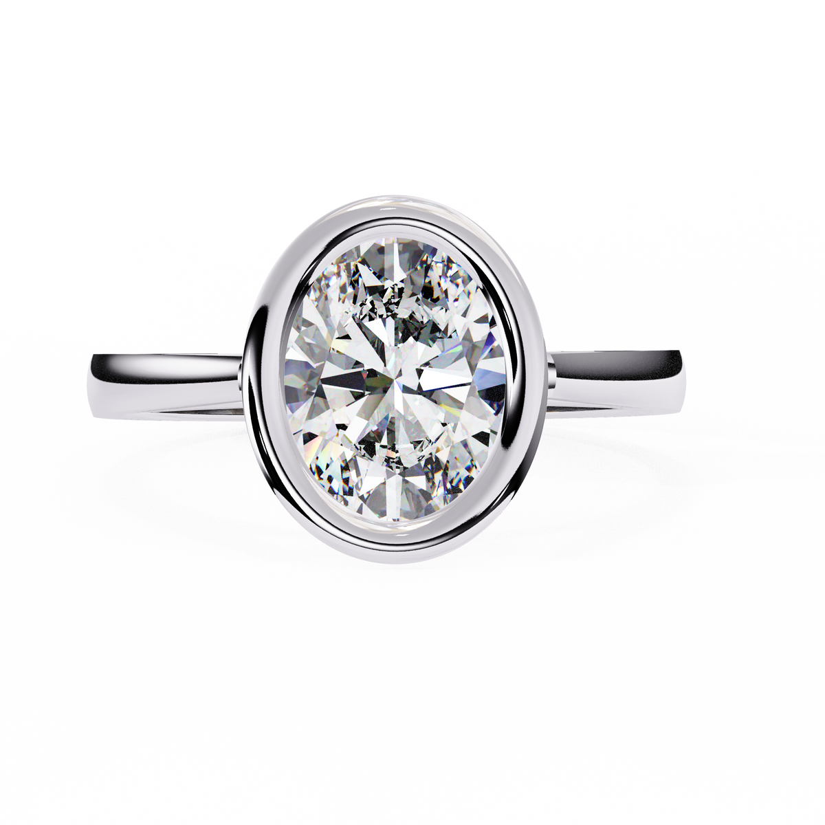 White Gold Oval Cut Diamond Solitaire Ring with Full Bezel Setting and Plain Tapered Band