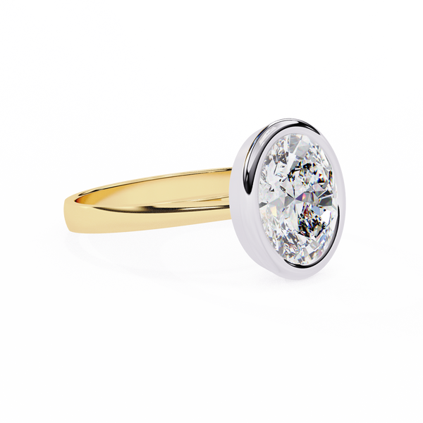 Yellow Gold Oval Cut Diamond Solitaire Ring with Two-Tone Bezel Setting