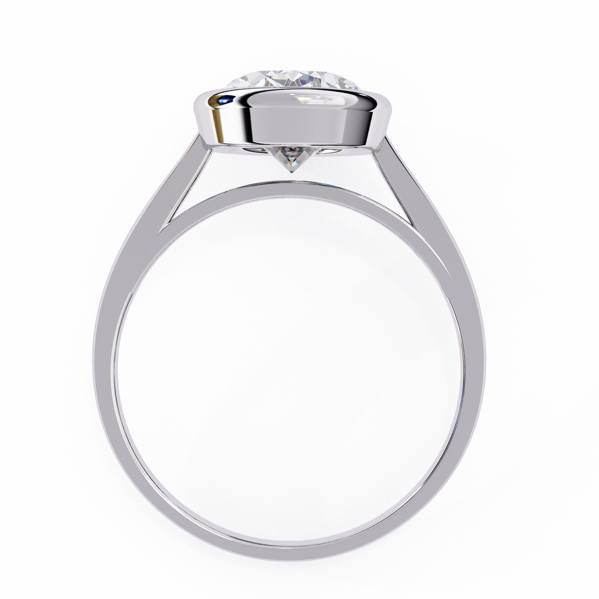 White Gold Oval Cut Diamond Solitaire Ring with Full Bezel Setting and Plain Tapered Band