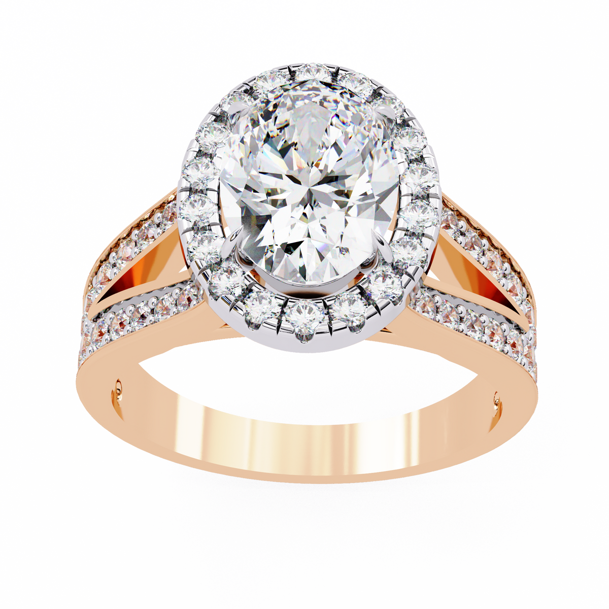 Rose Gold Oval Cut Diamond Halo Ring with Split Shank Pavé Band