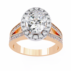Rose Gold Oval Cut Diamond Halo Ring with Split Shank Pavé Band