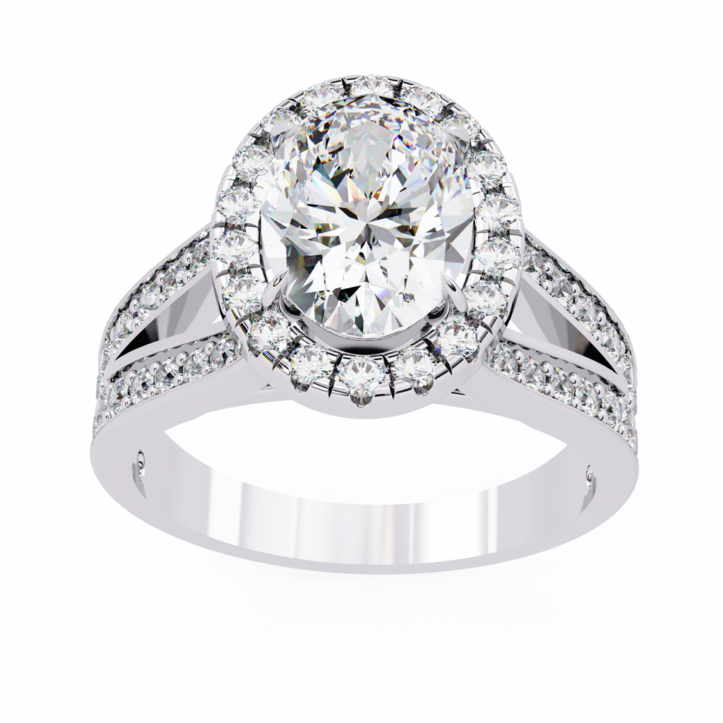 White Gold Oval Cut Diamond Halo Ring with Split Pavé Shoulders
