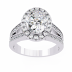 White Gold Oval Cut Diamond Halo Ring with Split Pavé Shoulders