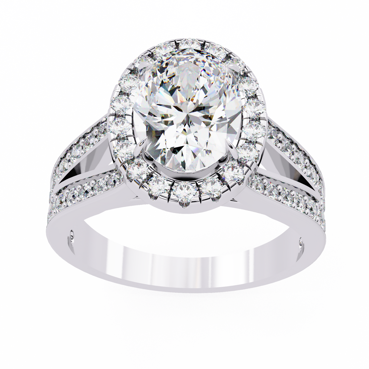 White Gold Oval Cut Diamond Halo Ring with Split Pavé Shoulders