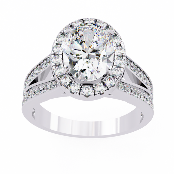 White Gold Oval Cut Diamond Halo Ring with Split Pavé Shoulders