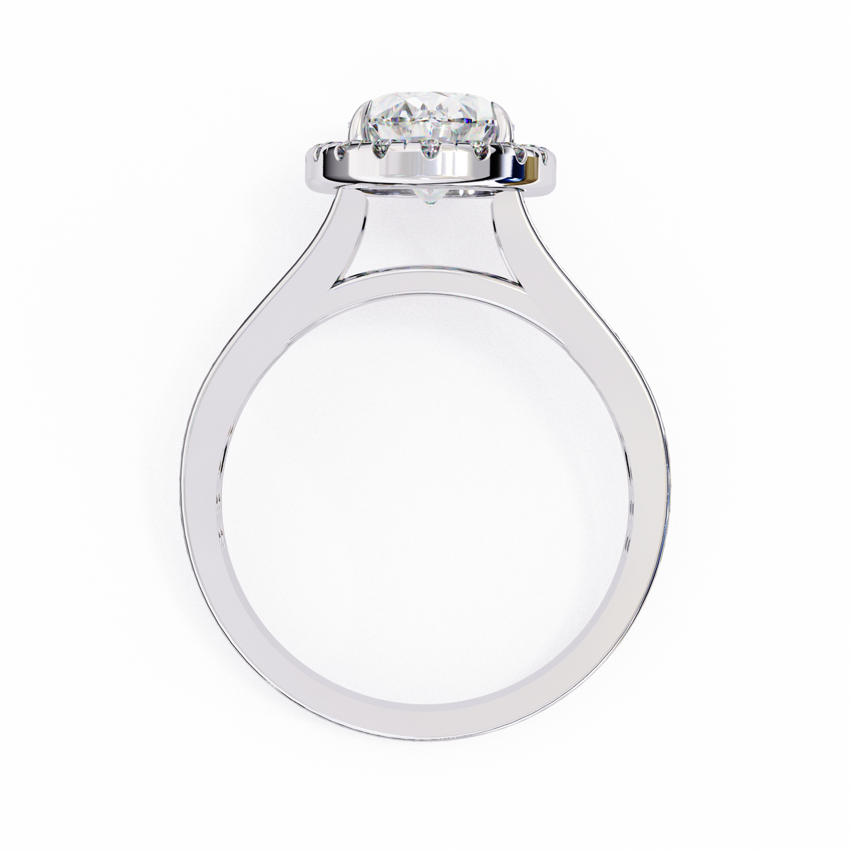 White Gold Oval Cut Diamond Halo Ring with Split Pavé Shoulders