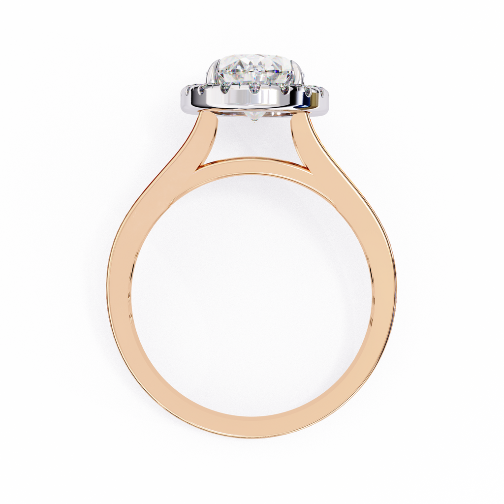 Rose Gold Oval Cut Diamond Halo Ring with Split Shank Pavé Band