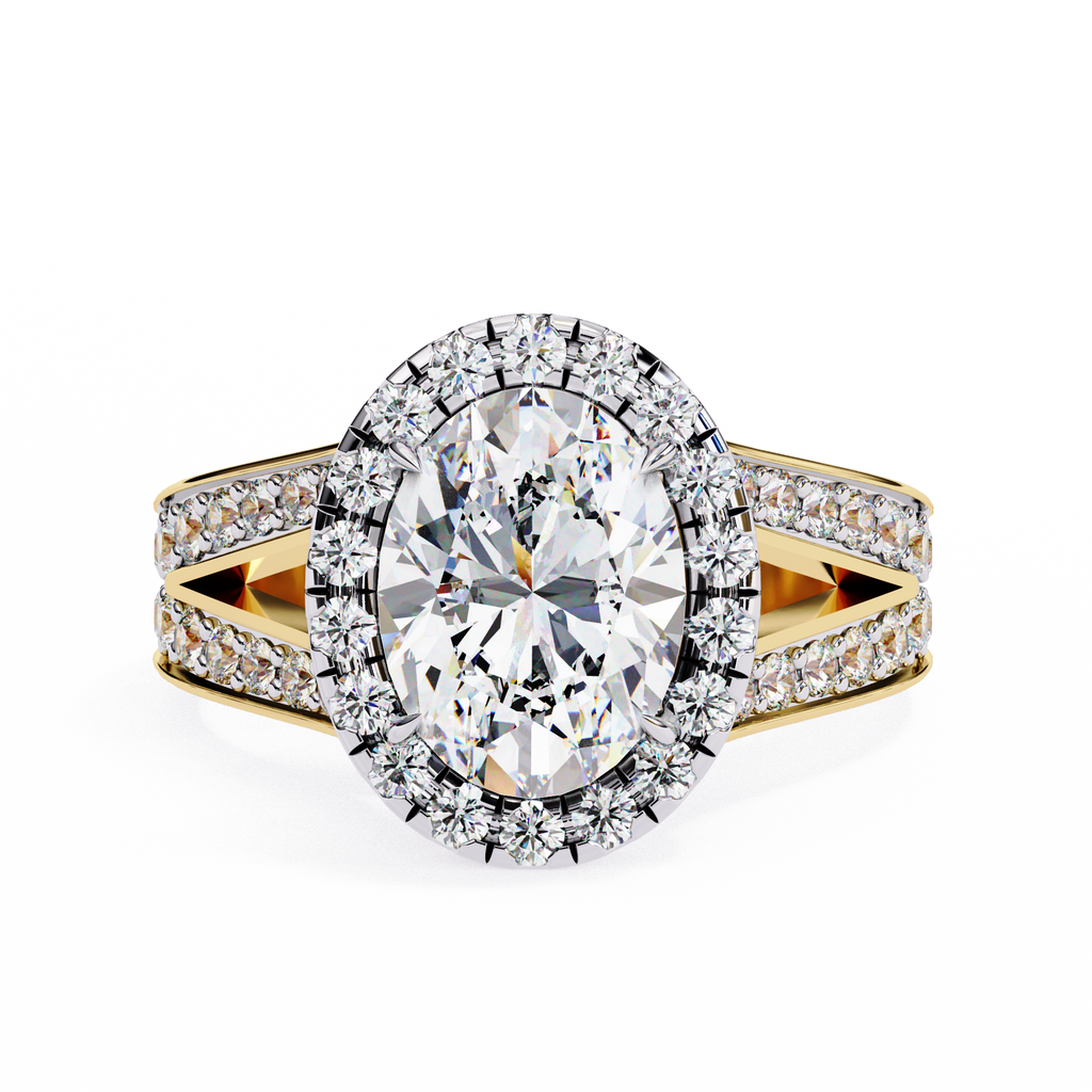 Yellow Gold Oval Cut Diamond Halo Ring with Split Pavé Shoulders