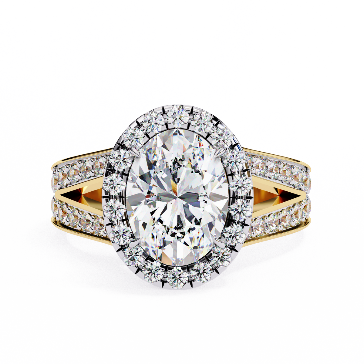 Yellow Gold Oval Cut Diamond Halo Ring with Split Pavé Shoulders