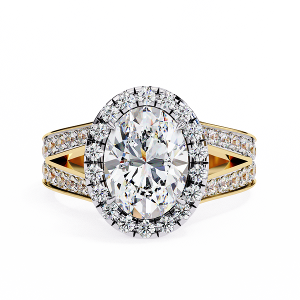Yellow Gold Oval Cut Diamond Halo Ring with Split Pavé Shoulders