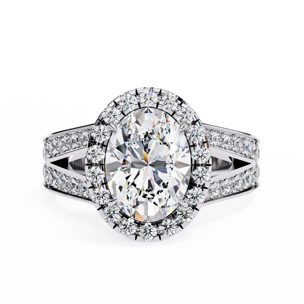 White Gold Oval Cut Diamond Halo Ring with Split Pavé Shoulders