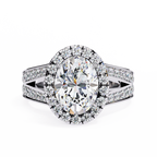 White Gold Oval Cut Diamond Halo Ring with Split Pavé Shoulders