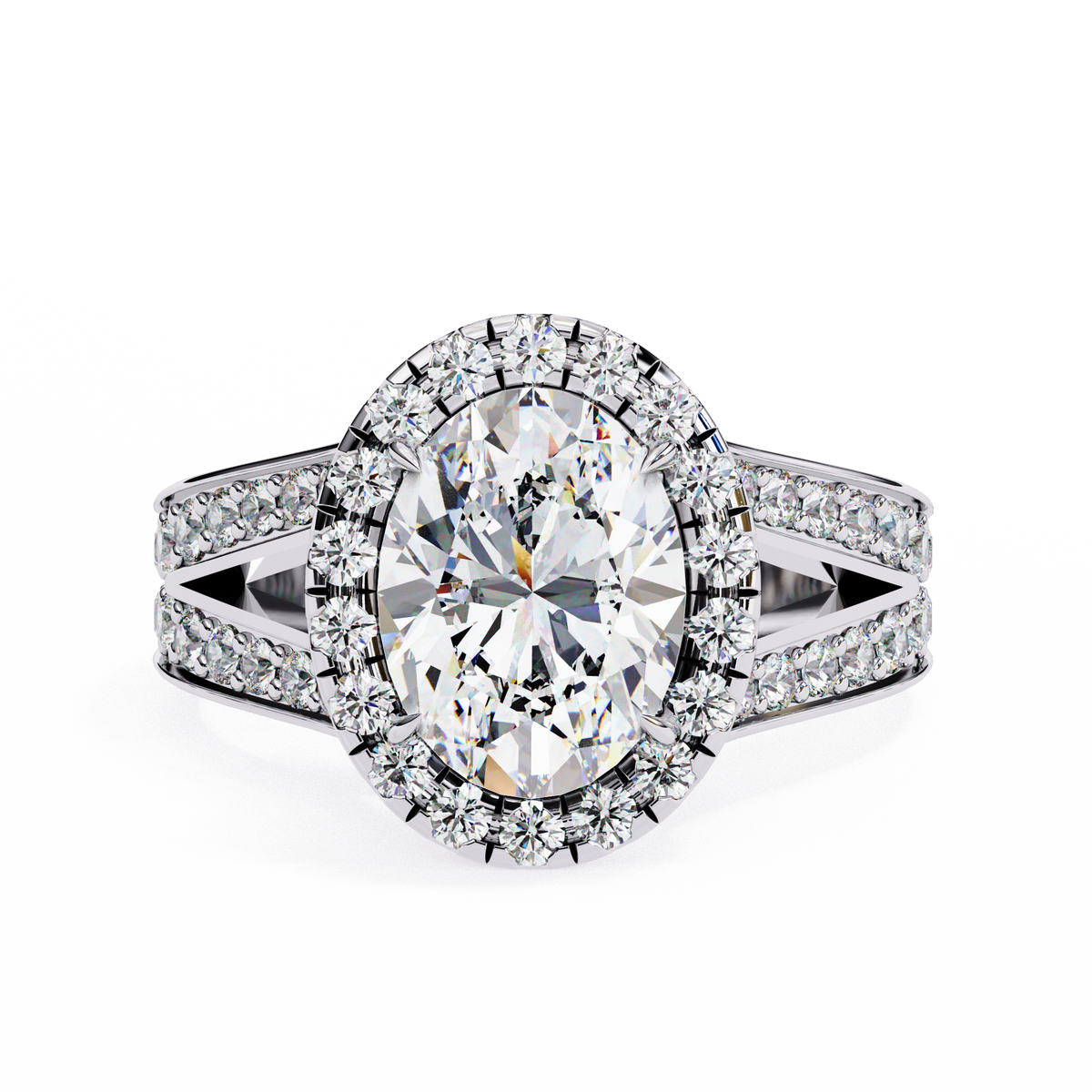White Gold Oval Cut Diamond Halo Ring with Split Pavé Shoulders