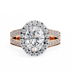 Rose Gold Oval Cut Diamond Halo Ring with Split Shank Pavé Band