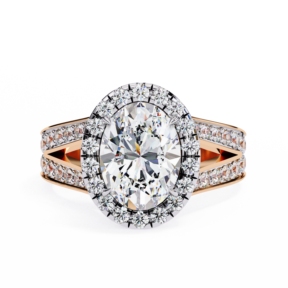 Rose Gold Oval Cut Diamond Halo Ring with Split Shank Pavé Band