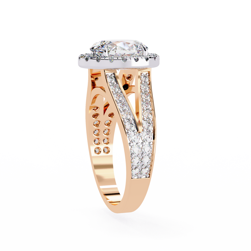 Rose Gold Oval Cut Diamond Halo Ring with Split Shank Pavé Band