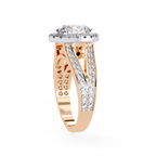 Rose Gold Oval Cut Diamond Halo Ring with Split Shank Pavé Band