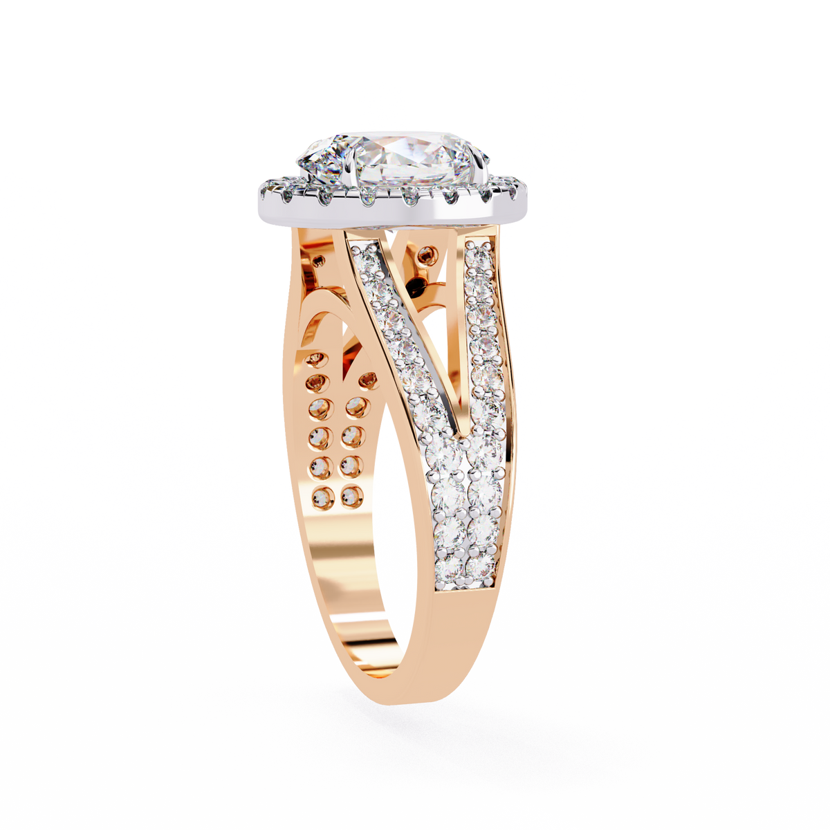 Rose Gold Oval Cut Diamond Halo Ring with Split Shank Pavé Band