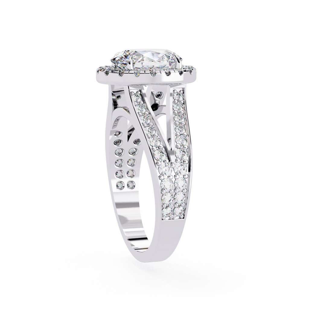 White Gold Oval Cut Diamond Halo Ring with Split Pavé Shoulders