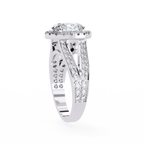 White Gold Oval Cut Diamond Halo Ring with Split Pavé Shoulders