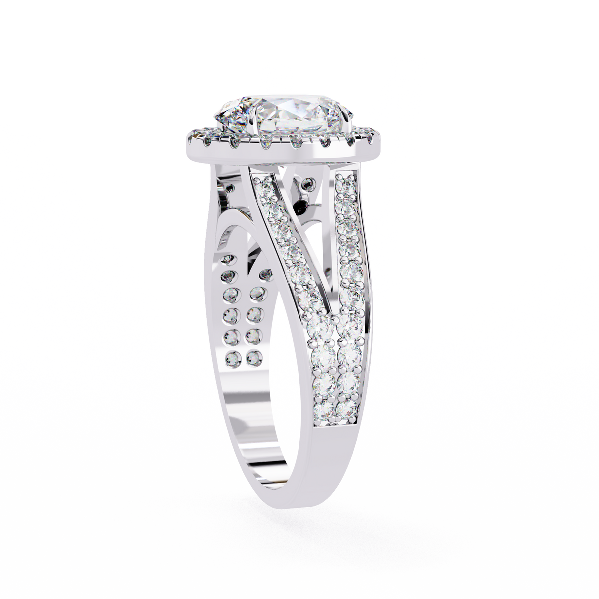 White Gold Oval Cut Diamond Halo Ring with Split Pavé Shoulders