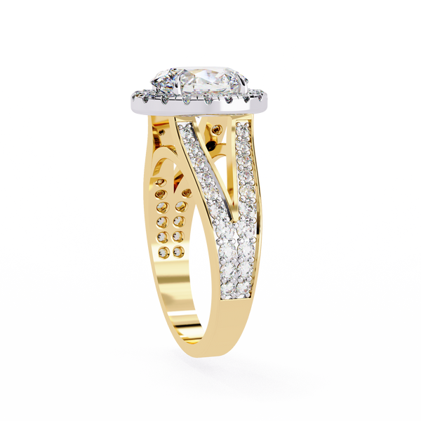 Yellow Gold Oval Cut Diamond Halo Ring with Split Pavé Shoulders