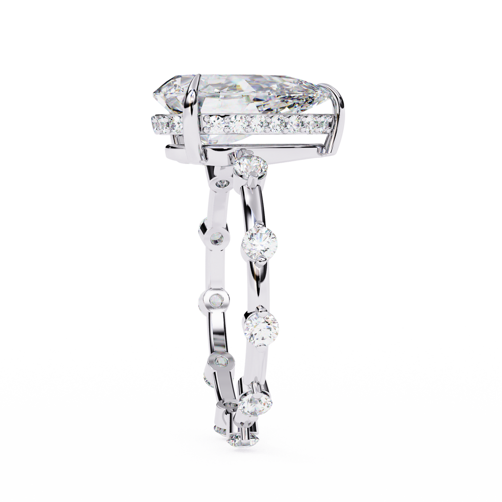 White Gold Pear Cut Diamond Ring with Hidden Halo and Spaced Round Eternity Accents