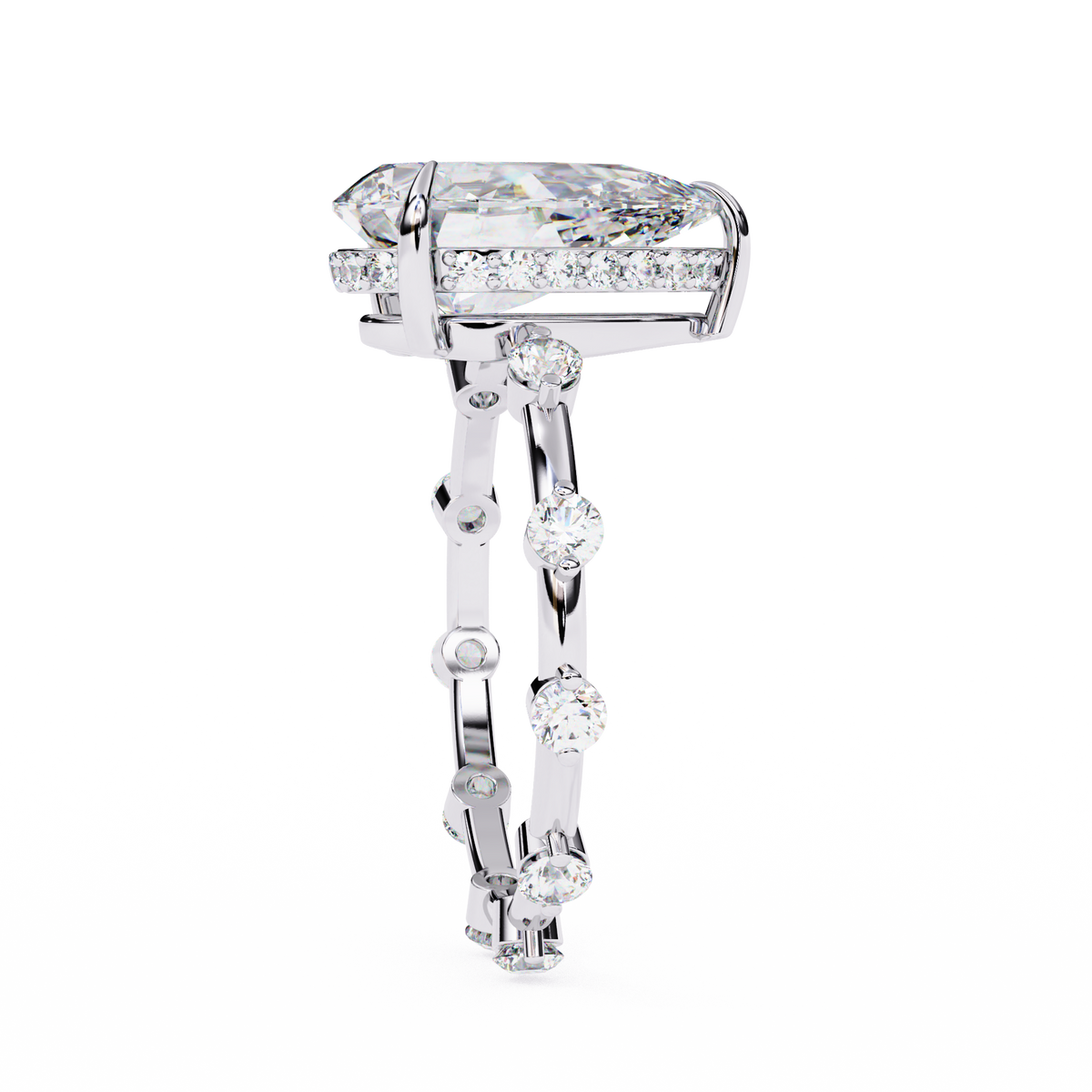 White Gold Pear Cut Diamond Ring with Hidden Halo and Spaced Round Eternity Accents